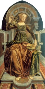 Piero del Pollaiolo, "Alegoria umiarkowania". Cnota ta często była przedstawiana jako młoda kobieta rozcieńczająca wino wodą.