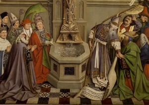 Jan van Eyck, "Fontanna łaski". Detal: Kościół i Synagoga.